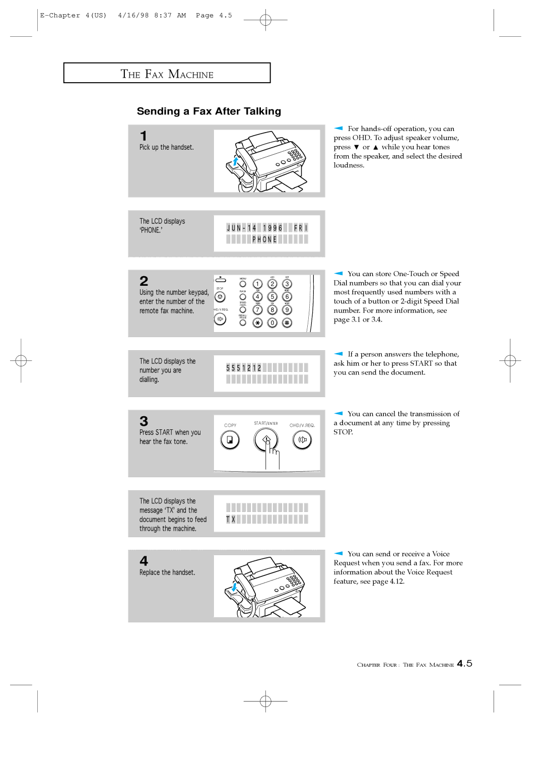 Samsung SF4000, SF4100 Sending a Fax After Talking, Pick up the handset LCD displays, Document at any time by pressing 