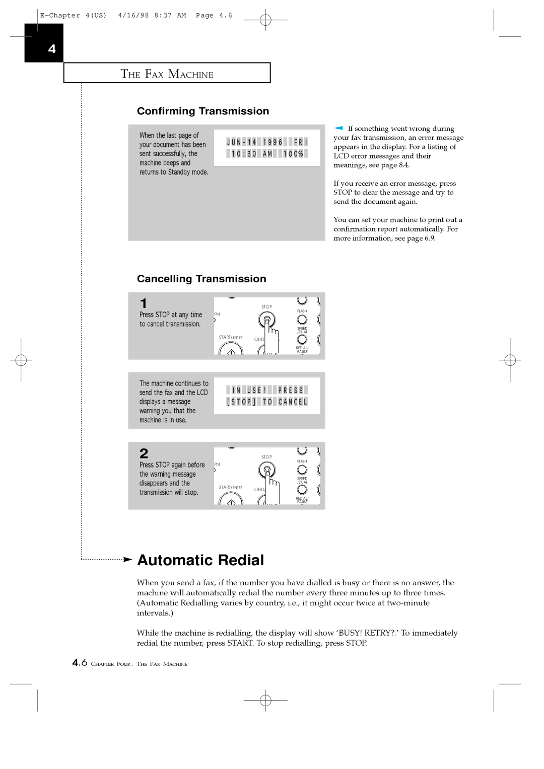 Samsung SF4100, SF4200, SF4000 manual Automatic Redial, Confirming Transmission, Cancelling Transmission 