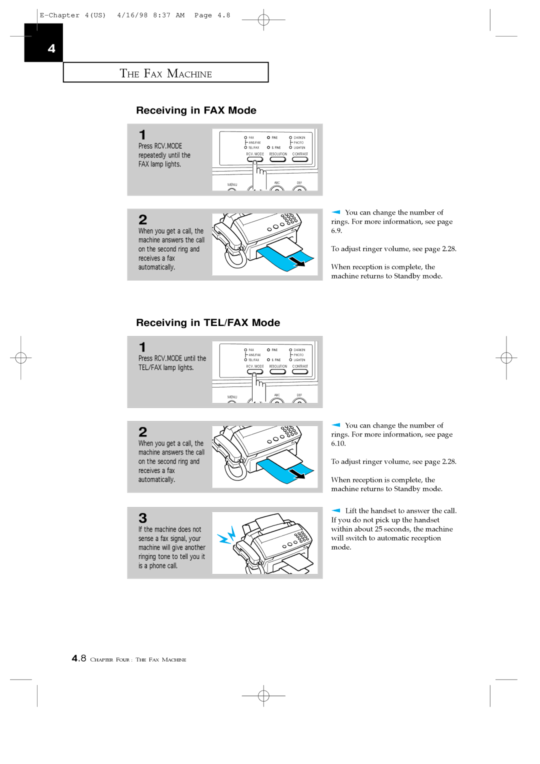 Samsung SF4000, SF4100, SF4200 manual Receiving in FAX Mode, Receiving in TEL/FAX Mode 