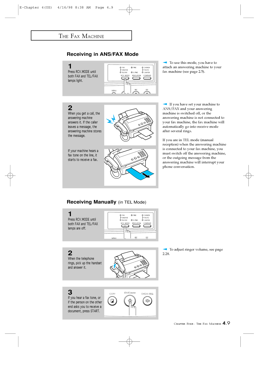 Samsung SF4100 Receiving in ANS/FAX Mode, Receiving Manually in TEL Mode, Both FAX and TEL/FAX, Lamps light, Lamps are off 