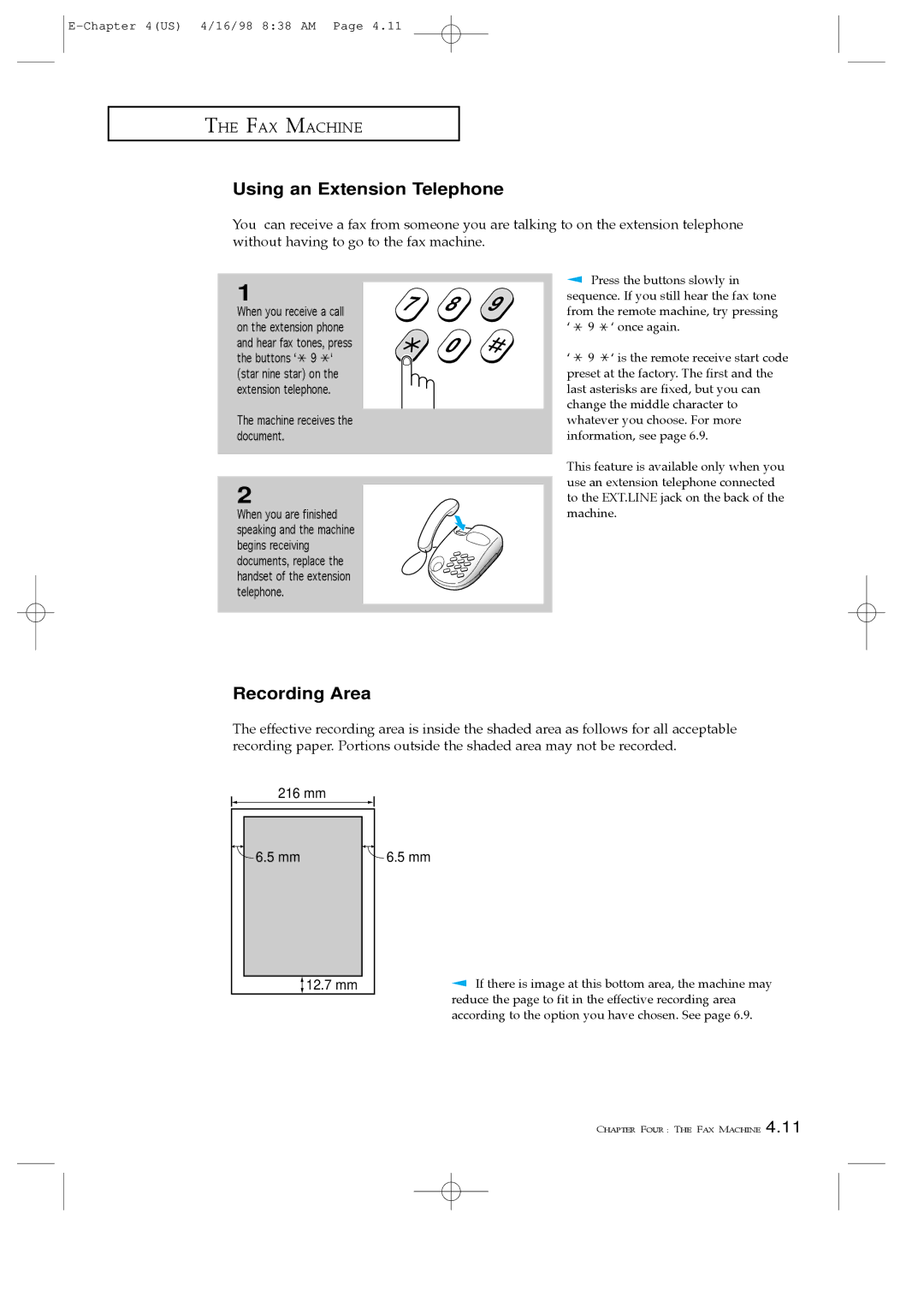 Samsung SF4000, SF4100, SF4200 manual Using an Extension Telephone, Recording Area, 5mm 