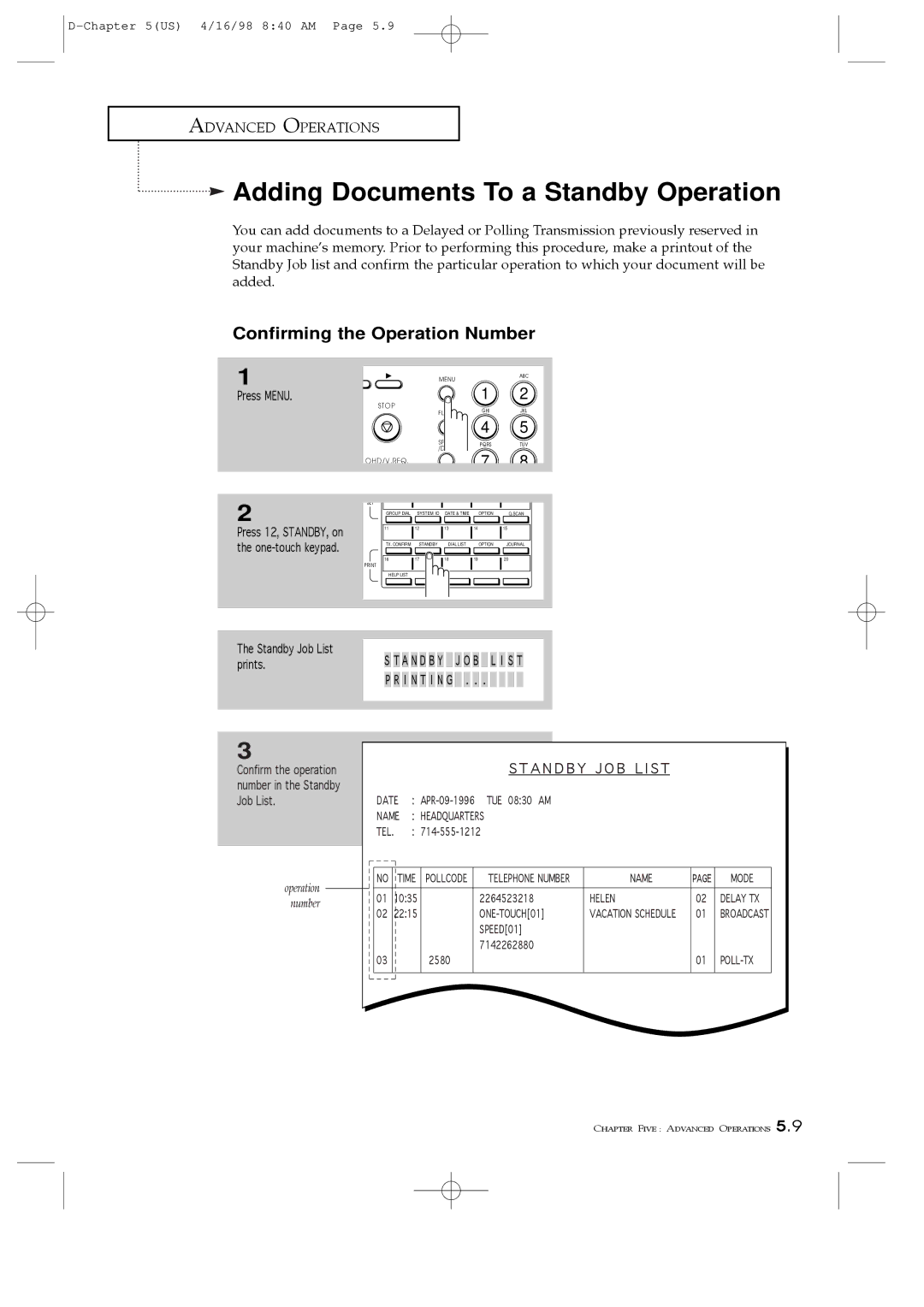 Samsung SF4000 Adding Documents To a Standby Operation, Confirming the Operation Number, A N D B Y J O B L I S T, Prints 