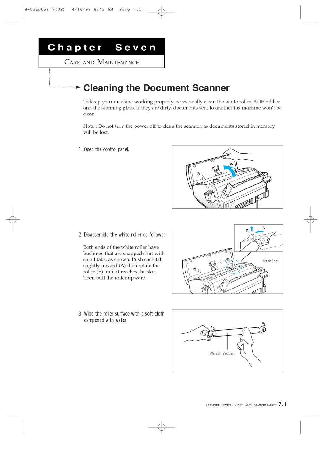 Samsung SF4100, SF4200, SF4000 Cleaning the Document Scanner, Care and Maintenance, Disassemble the white roller as follows 