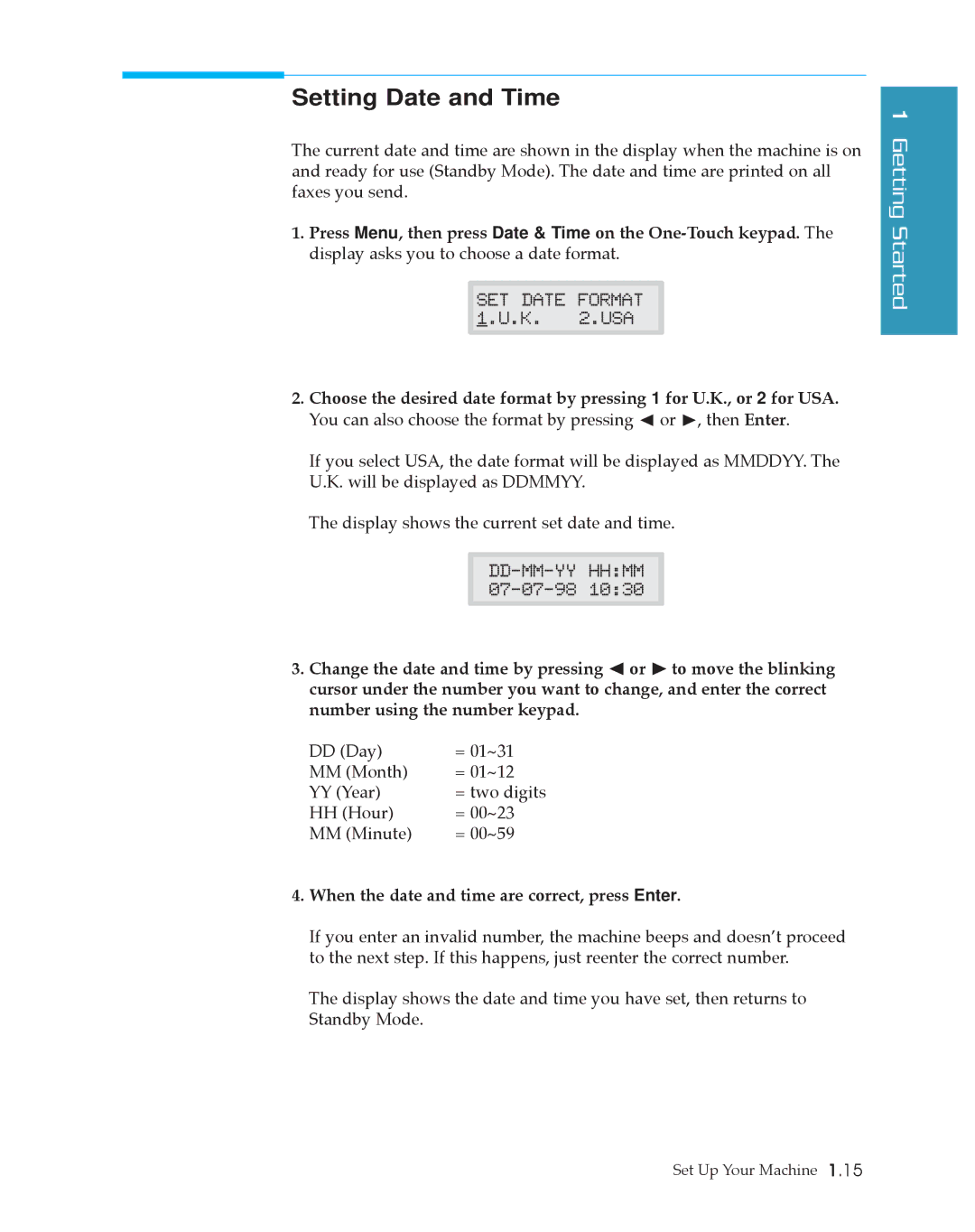 Samsung SF4500 manual Setting Date and Time, When the date and time are correct, press Enter 