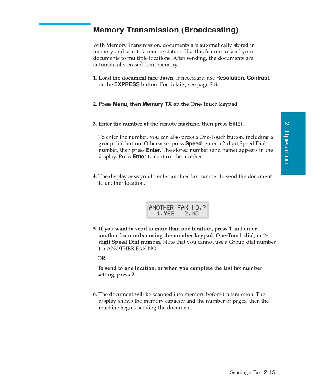 Samsung SF4500 manual Memory Transmission Broadcasting 