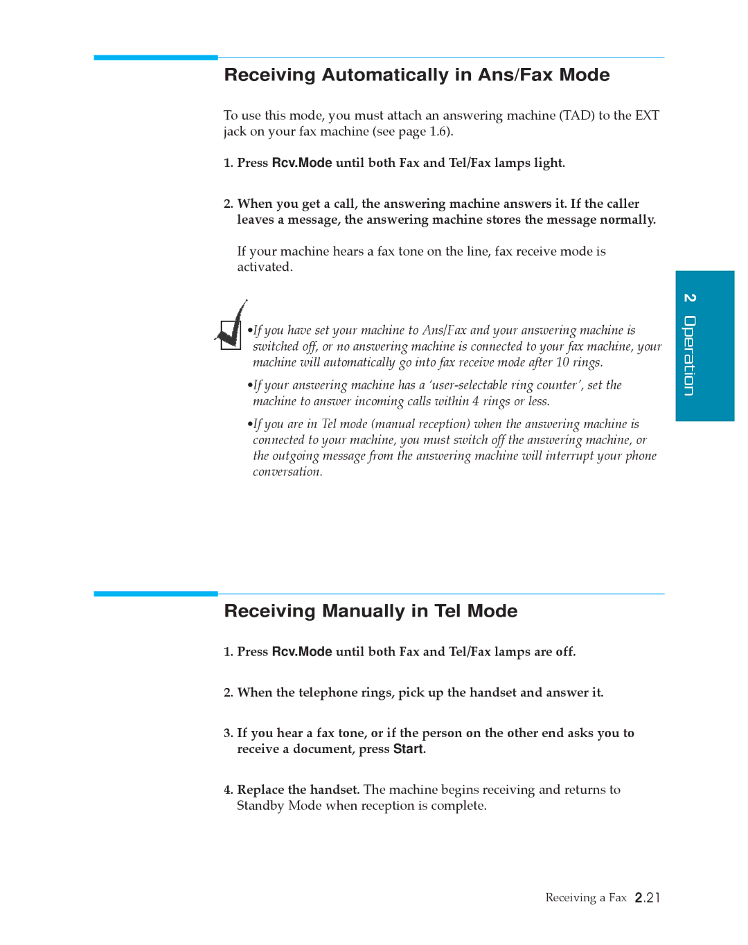 Samsung SF4500 manual Receiving Automatically in Ans/Fax Mode, Receiving Manually in Tel Mode 