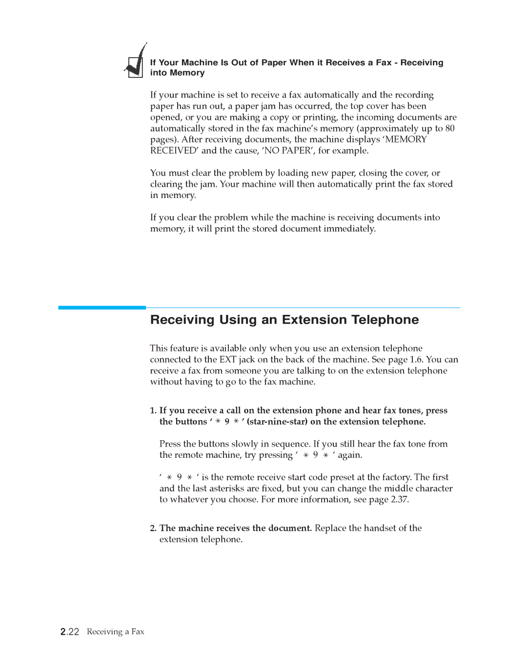 Samsung SF4500 manual Receiving Using an Extension Telephone 