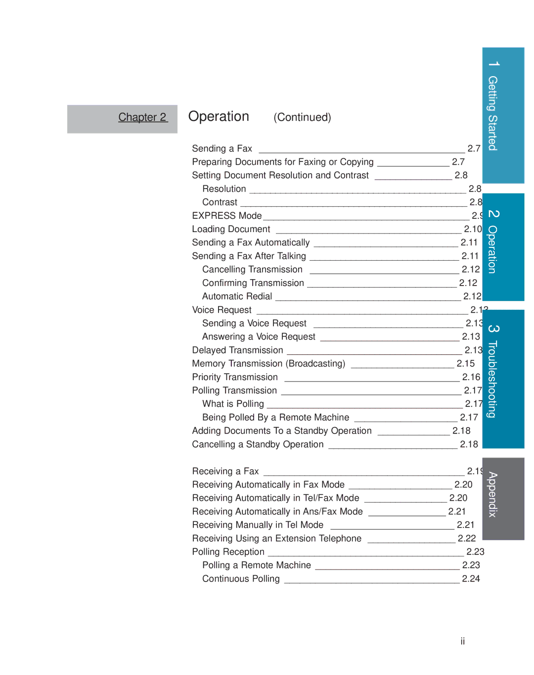 Samsung SF4500 manual Getting Started Operation Troubleshooting Appendix 