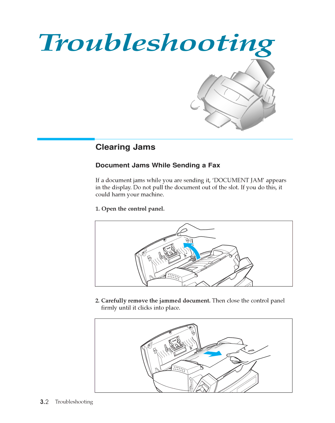 Samsung SF4500 manual Clearing Jams, Document Jams While Sending a Fax 