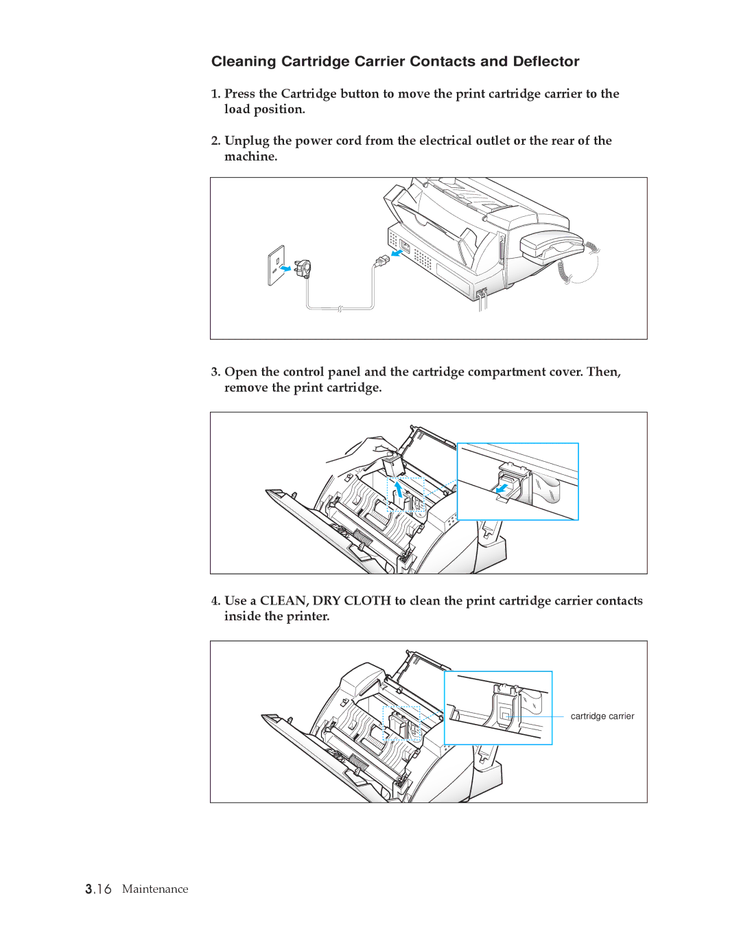 Samsung SF4500 manual Cleaning Cartridge Carrier Contacts and Deflector 