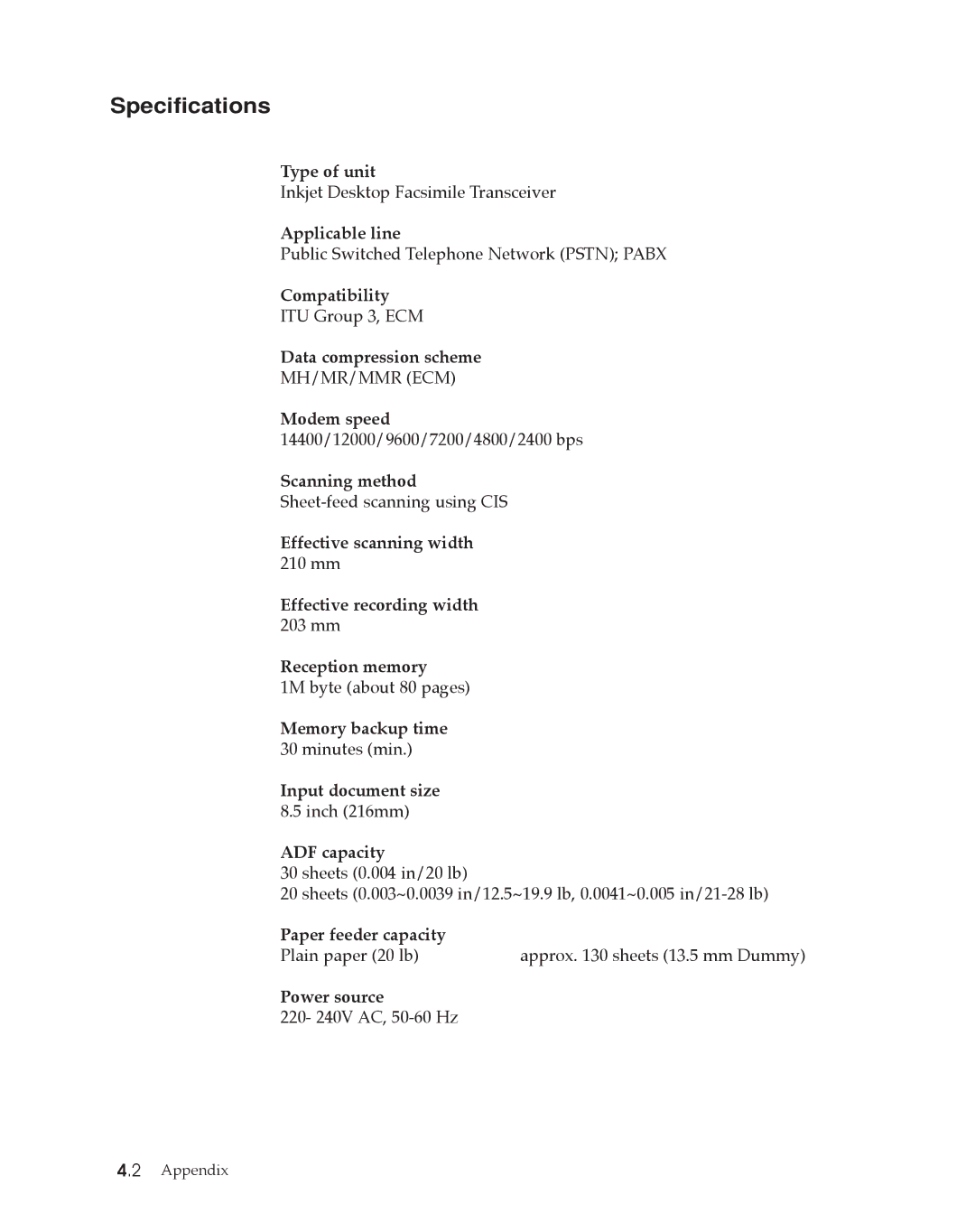 Samsung SF4500 manual Specifications 