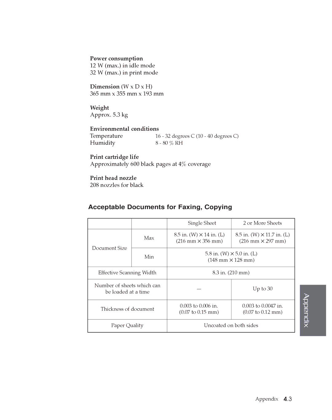 Samsung SF4500 manual Appendix, Acceptable Documents for Faxing, Copying 