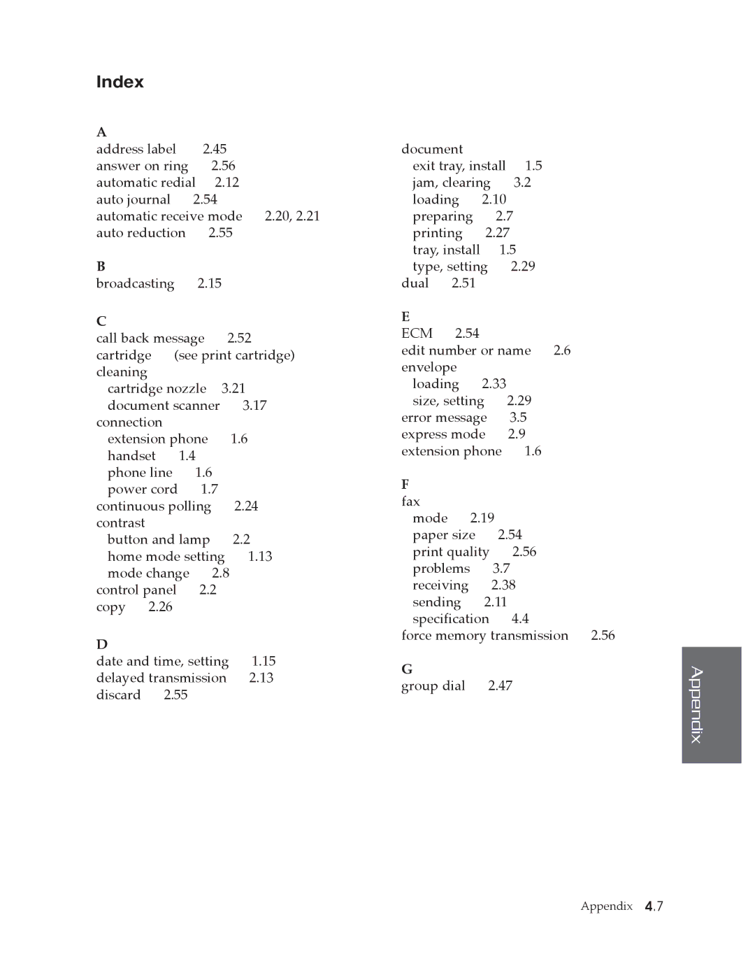 Samsung SF4500 manual Index 