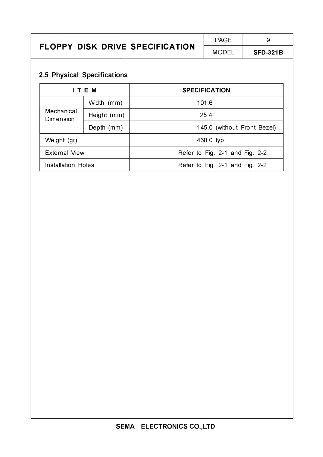 Samsung SFD-321B specifications Physical Specifications 