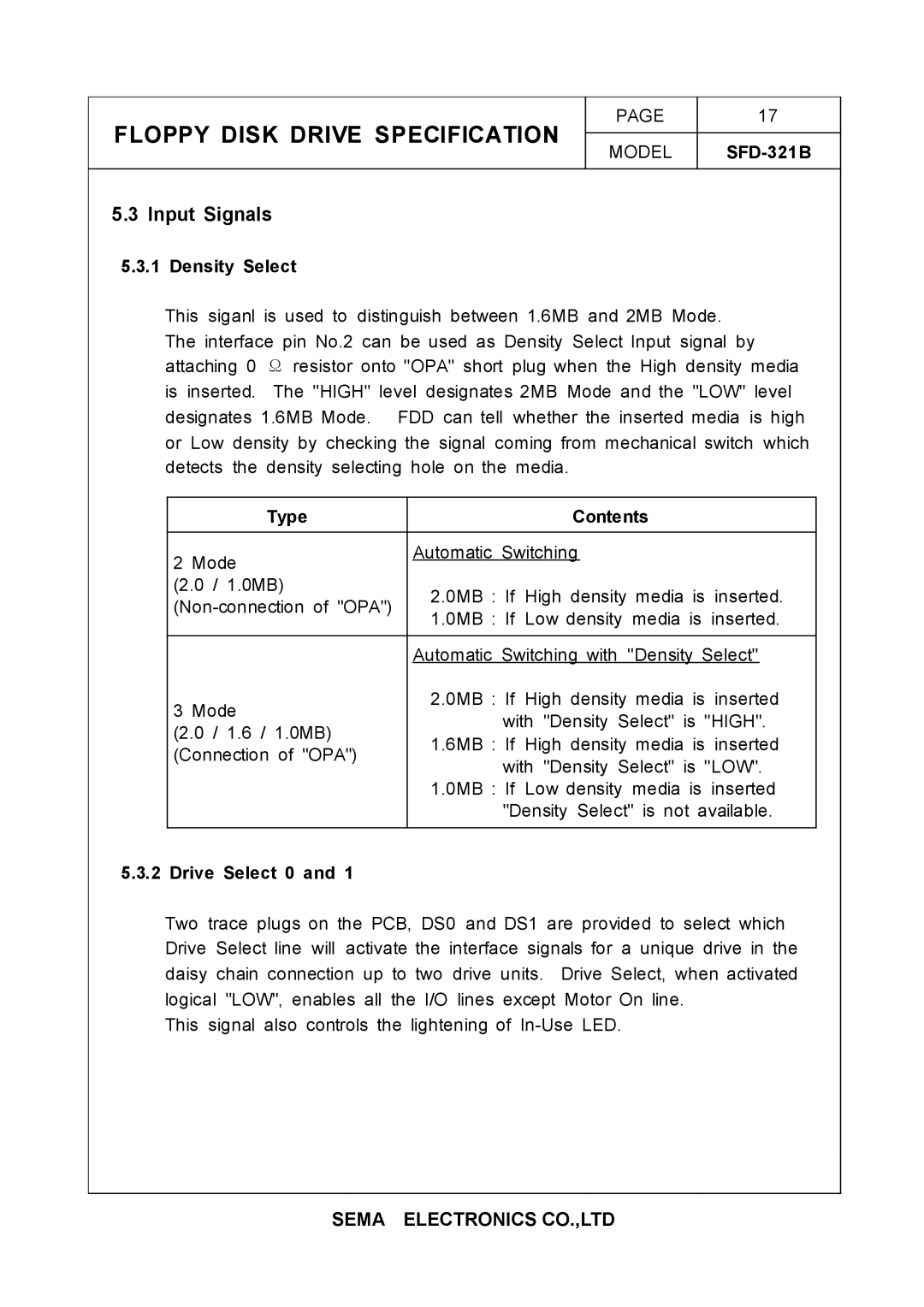 Samsung SFD-321B specifications Input Signals, Density Select, Type Contents, Drive Select 0 