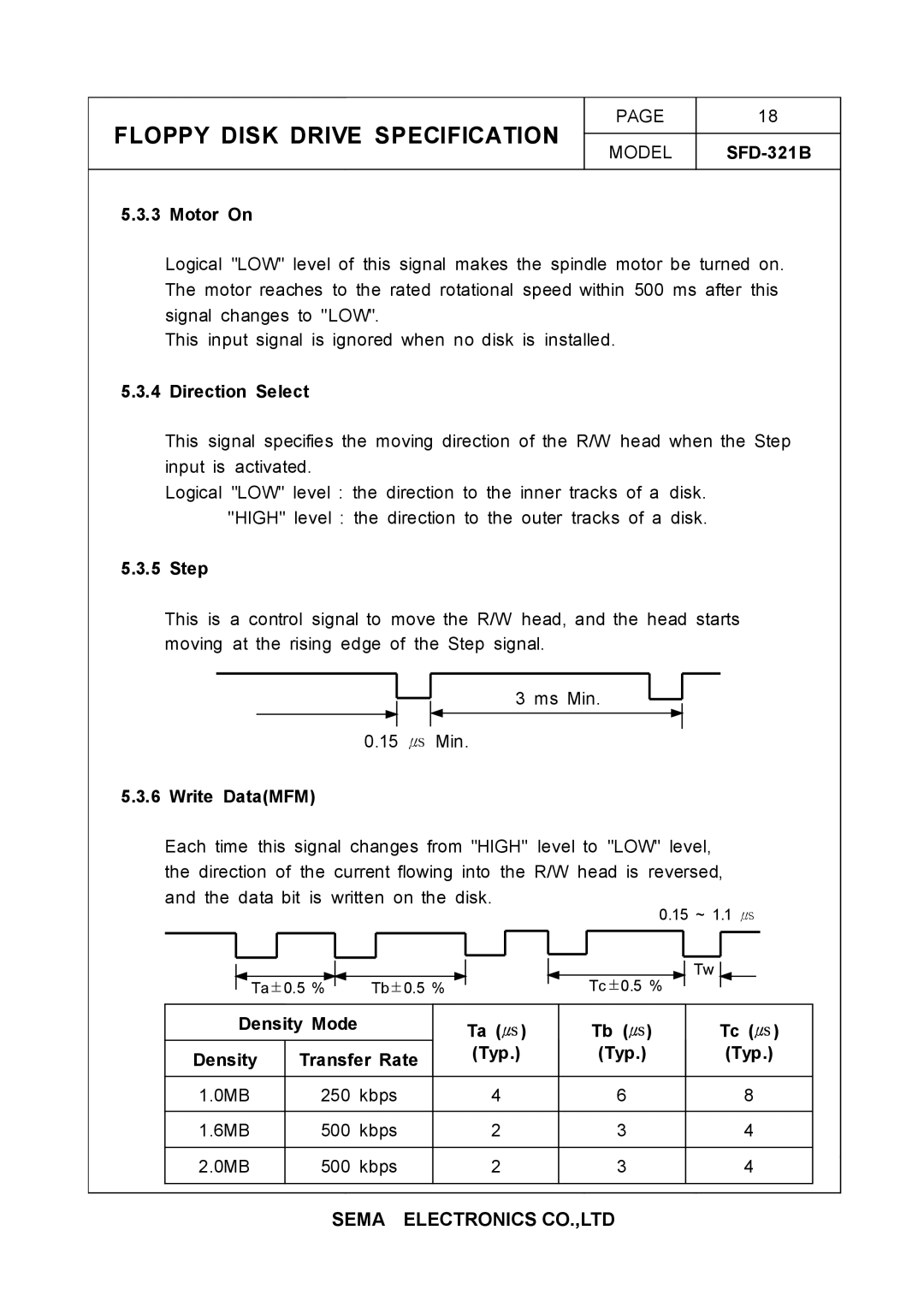 Samsung SFD-321B specifications Motor On, Direction Select, Step, Write DataMFM, Density Mode Transfer Rate Typ 