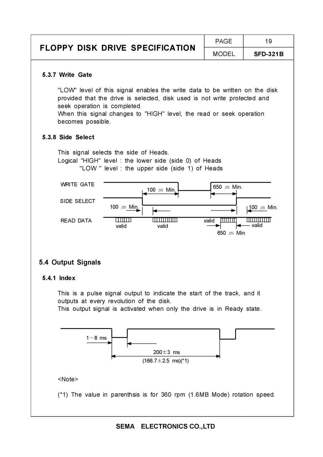 Samsung SFD-321B specifications Output Signals, Write Gate, Side Select, Index 