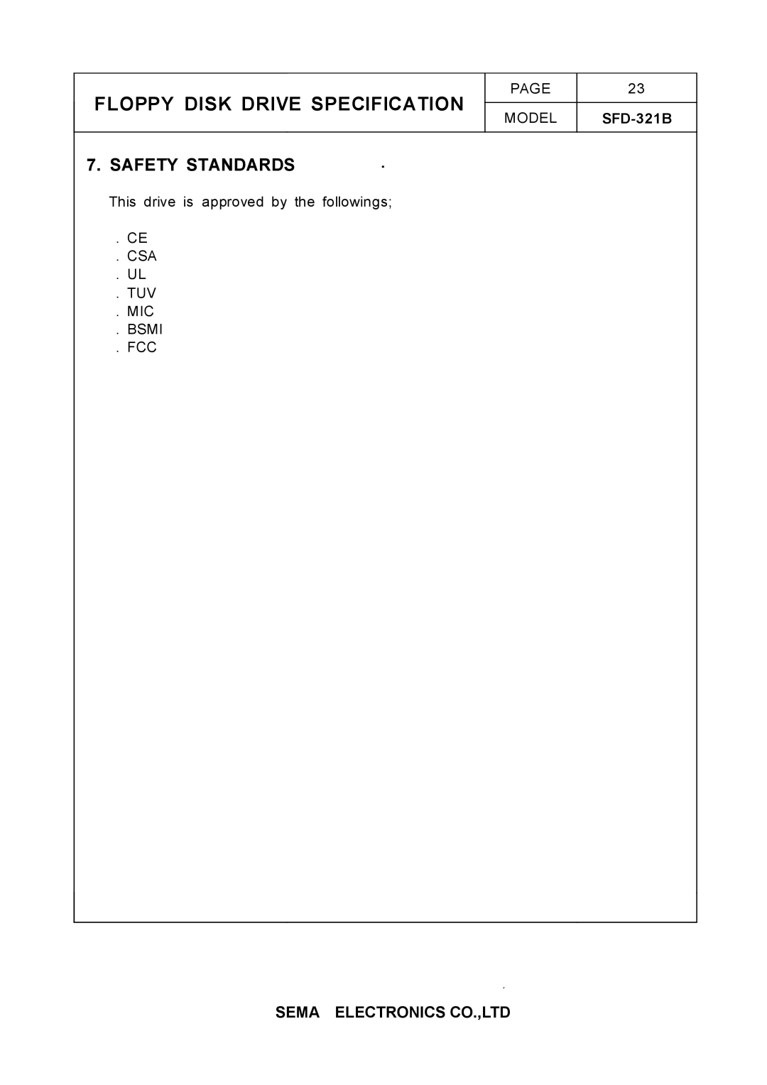 Samsung SFD-321B specifications Safety Standards 