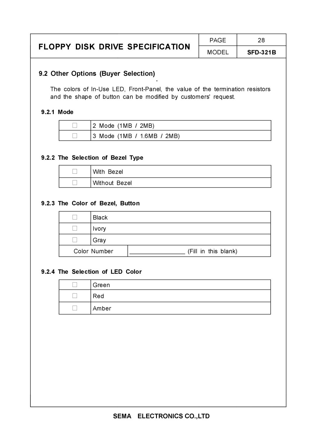 Samsung SFD-321B specifications Other Options Buyer Selection, Mode, Selection of Bezel Type, Color of Bezel, Button 