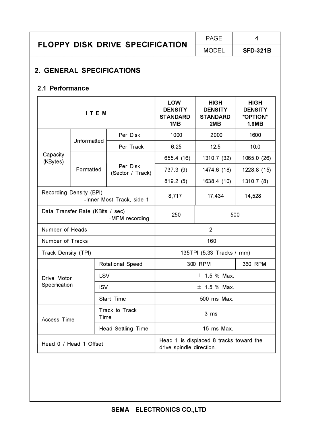 Samsung SFD-321B specifications Performance, LOW High E M Density Standard Option 