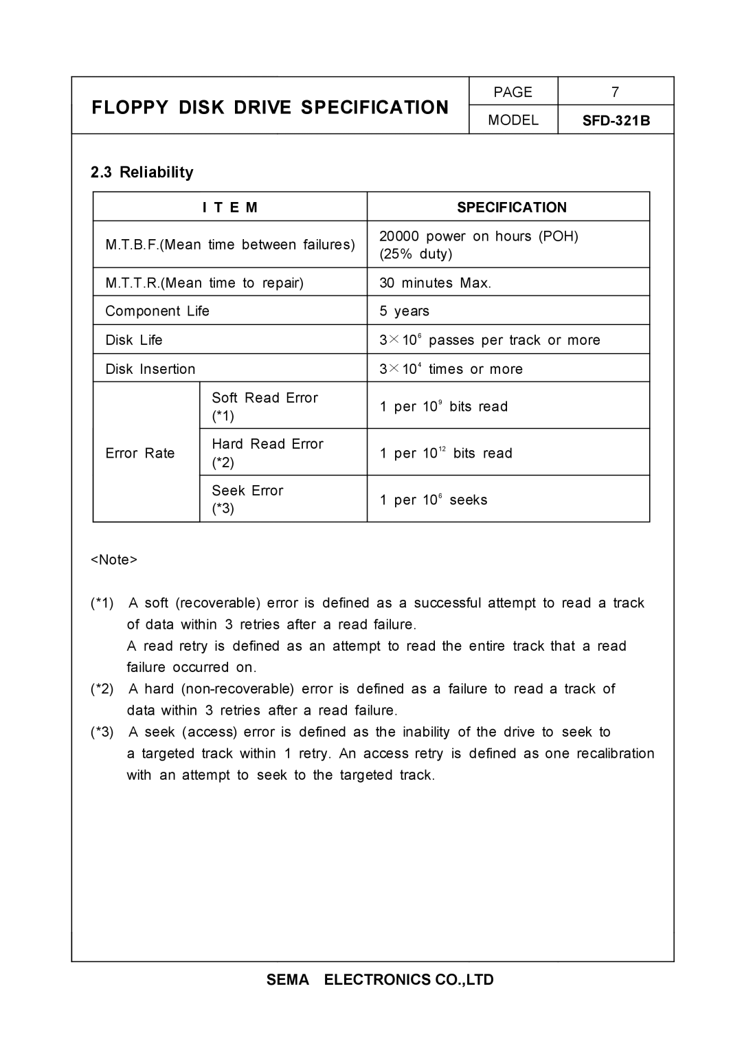 Samsung SFD-321B specifications Reliability, E M Specification 