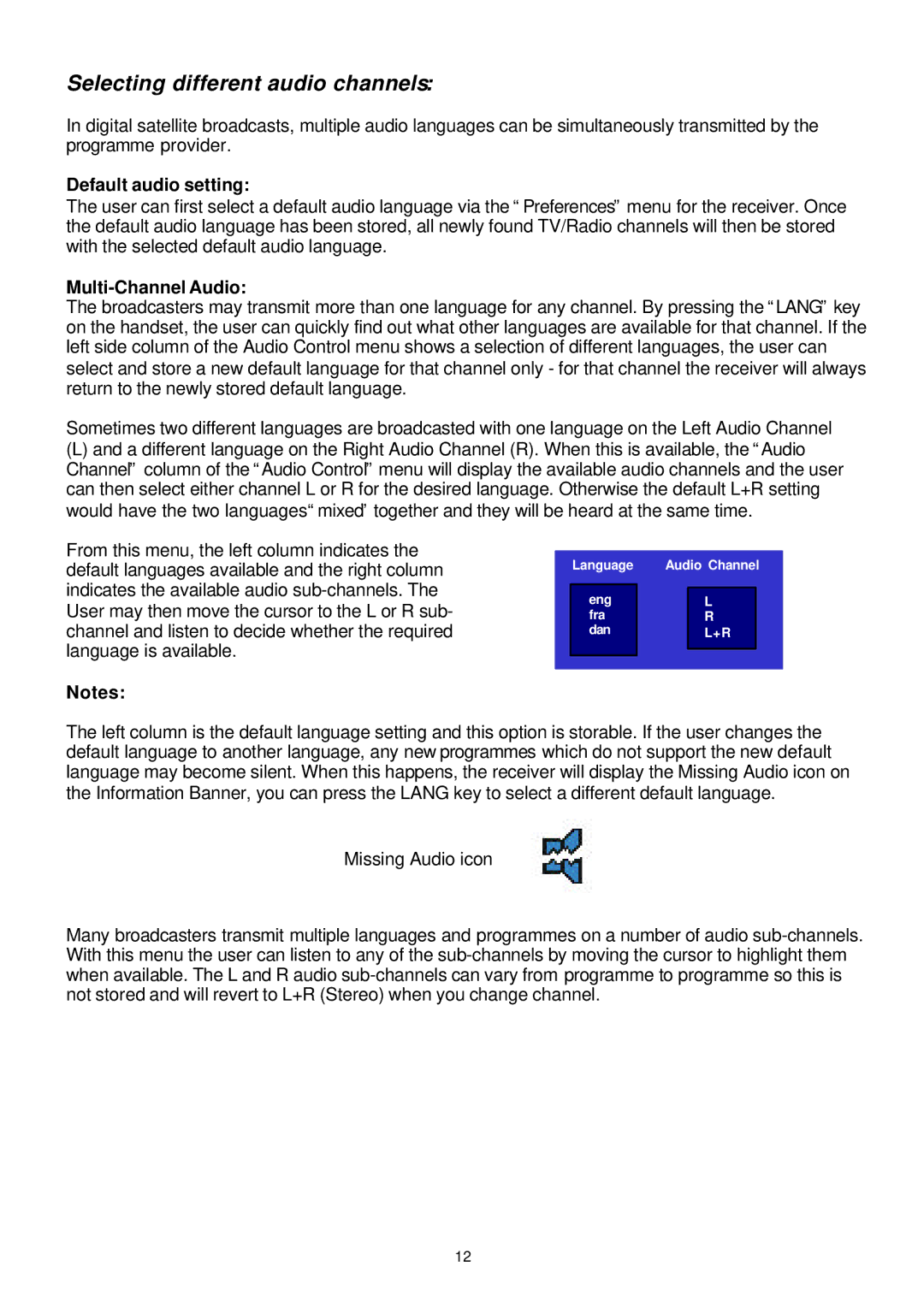 Samsung SFT-202 instruction manual Selecting different audio channels, Default audio setting, Multi-Channel Audio 