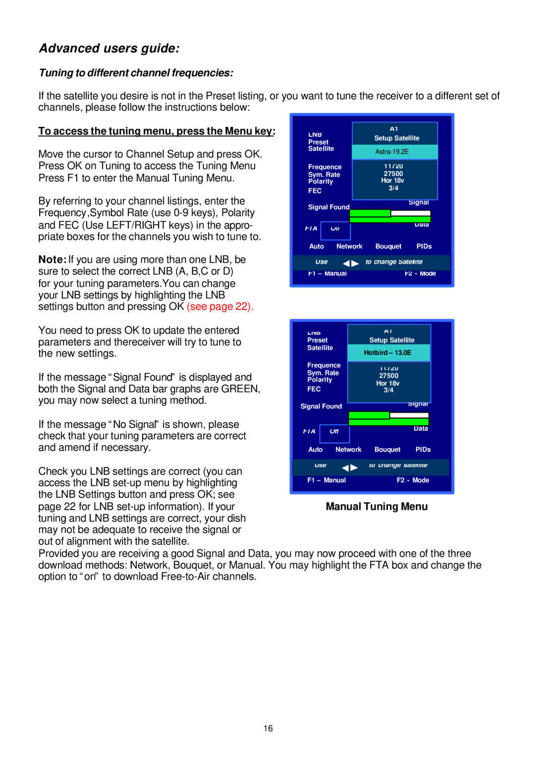 Samsung SFT-202 instruction manual Advanced users guide, To access the tuning menu, press the Menu key 