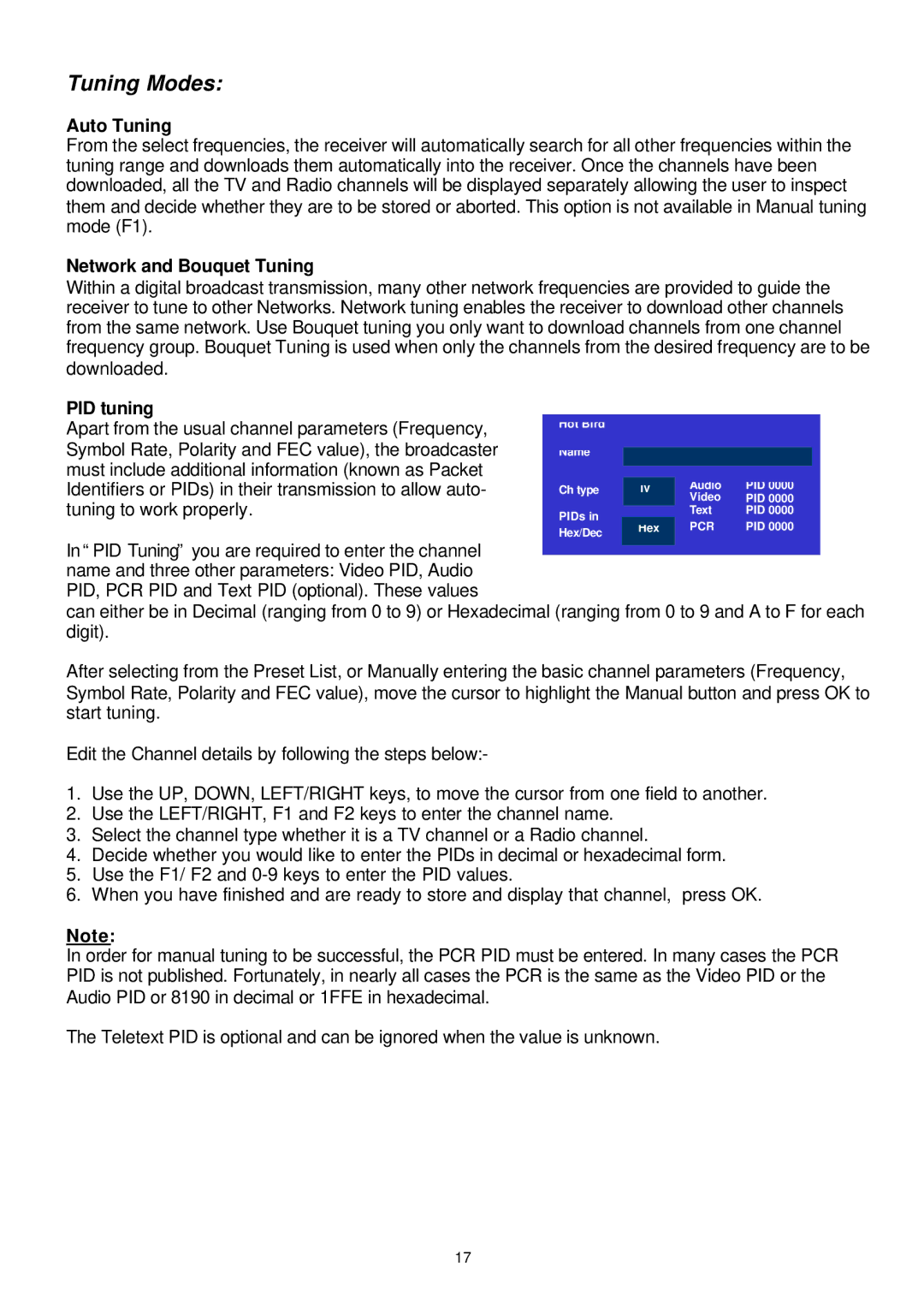 Samsung SFT-202 instruction manual Tuning Modes, Auto Tuning, Network and Bouquet Tuning, PID tuning 