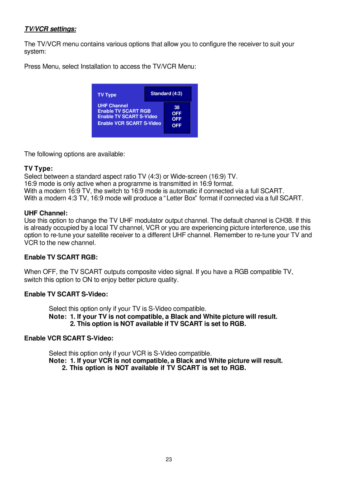 Samsung SFT-202 instruction manual TV Type, UHF Channel, Enable TV Scart RGB, Enable TV Scart S-Video 