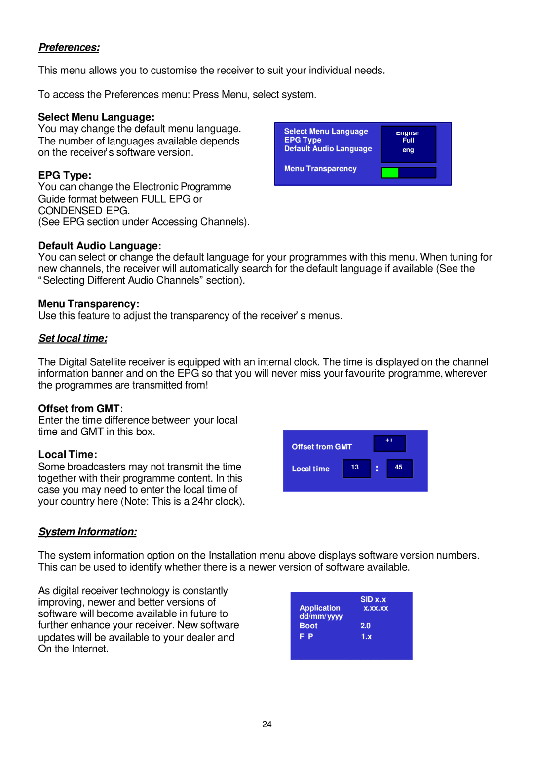 Samsung SFT-202 Select Menu Language, EPG Type, Default Audio Language, Menu Transparency, Offset from GMT, Local Time 