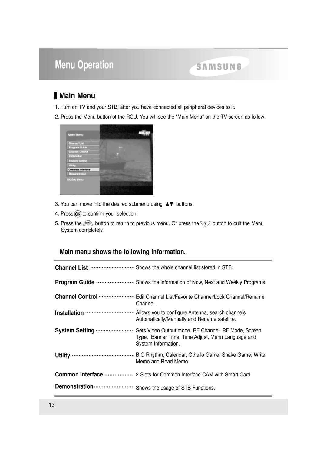 Samsung SFT-503, SCI-503 manual Menu Operation, Main Menu, Main menu shows the following information 