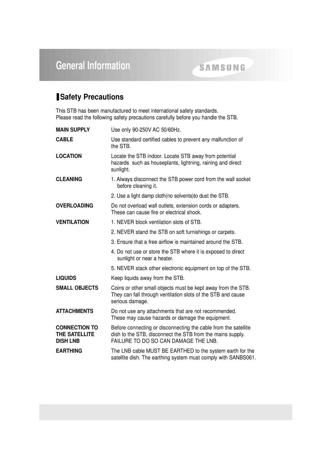 Samsung SFT-503, SCI-503 manual General Information, Safety Precautions 