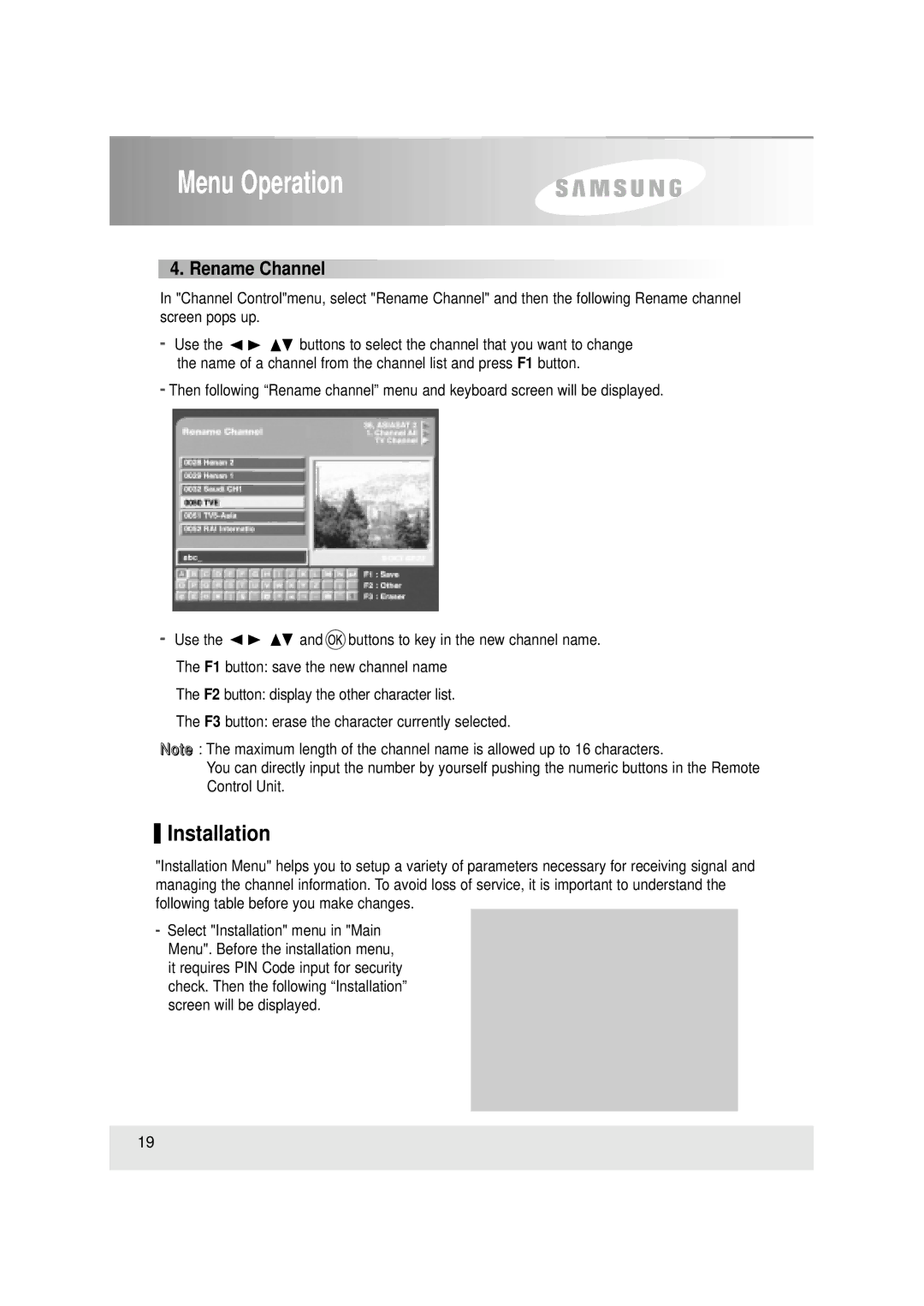 Samsung SFT-503, SCI-503 manual Installation, Rename Channel 