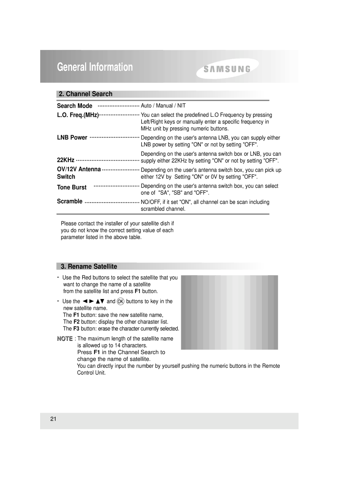 Samsung SFT-503, SCI-503 manual Channel Search, Rename Satellite 