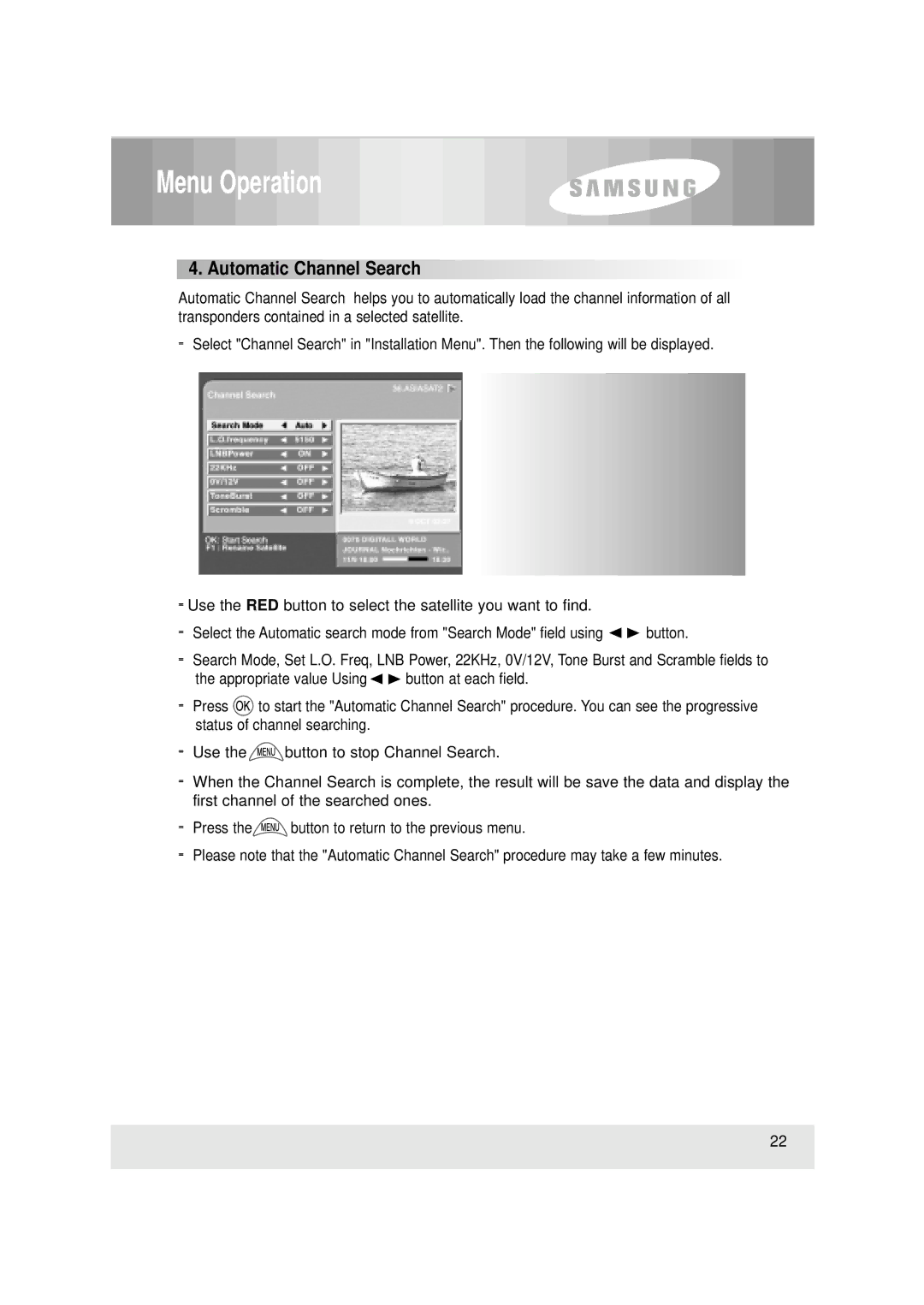 Samsung SCI-503, SFT-503 manual Automatic Channel Search 