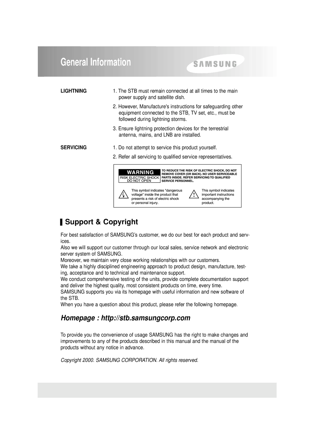 Samsung SCI-503, SFT-503 manual Support & Copyright, Lightning 