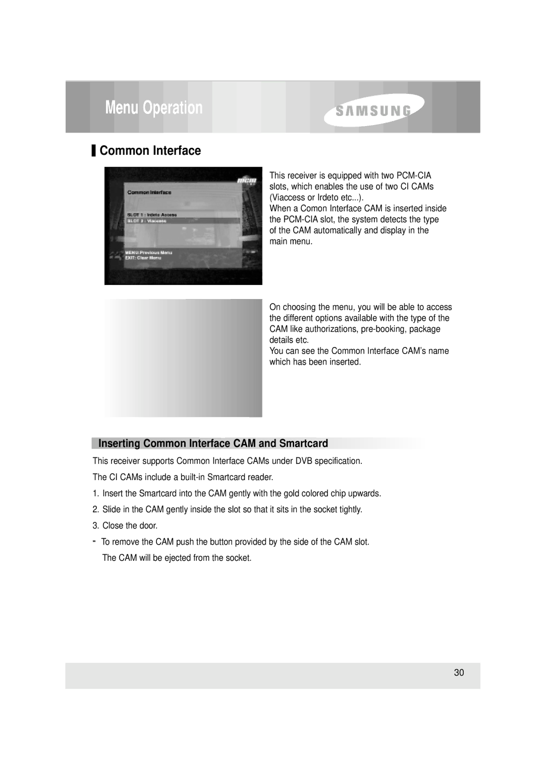 Samsung SCI-503, SFT-503 manual Inserting Common Interface CAM and Smartcard 