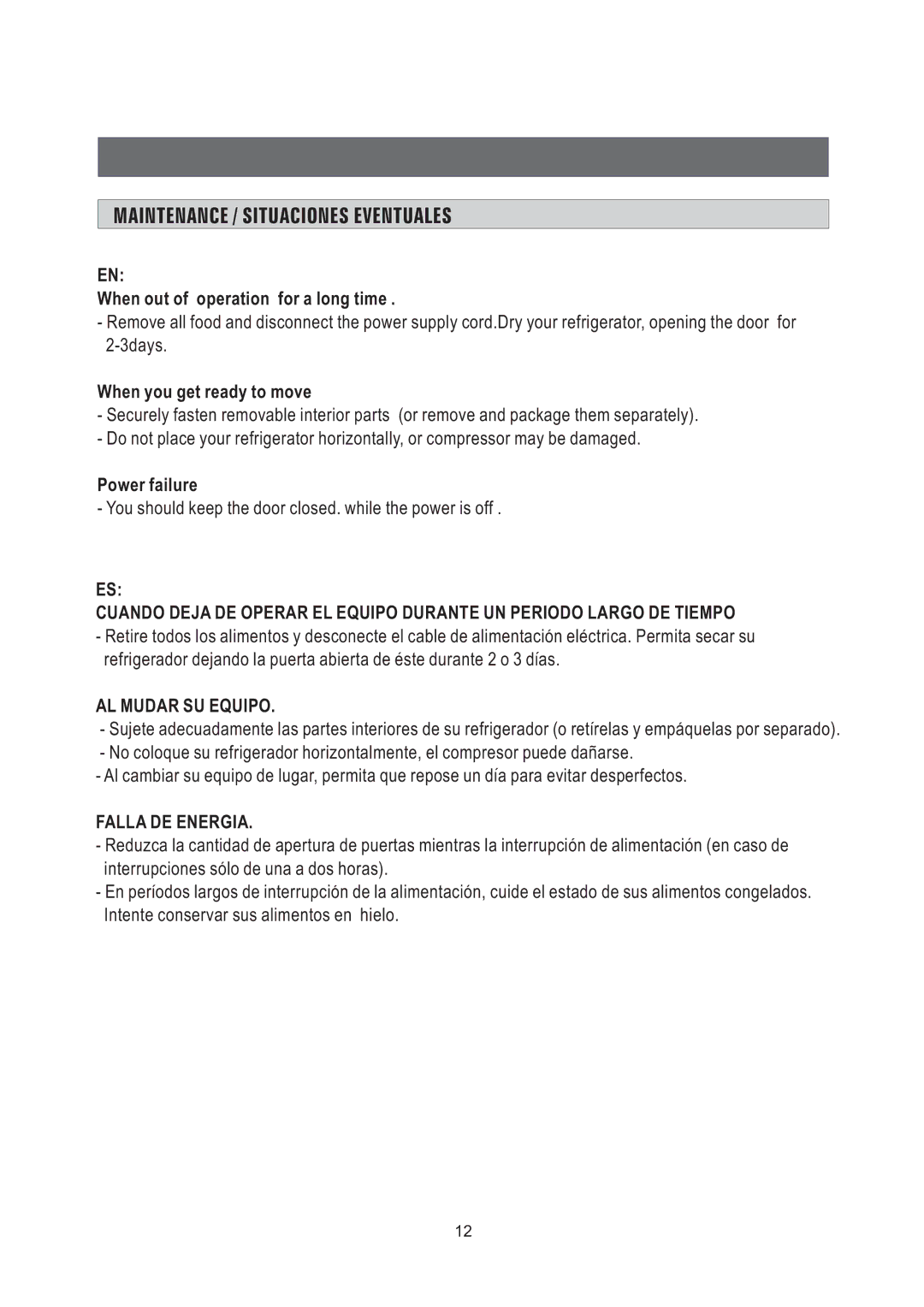 Samsung SG06BCSWHL/ABW manual Maintenance / Situaciones Eventuales, When out of operation for a long time, Power failure 