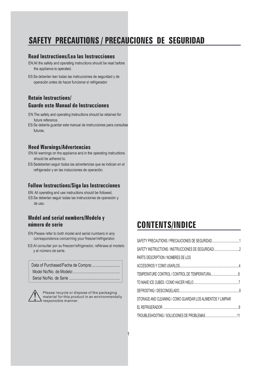 Samsung SG06BCSWHL/ABW manual Contents/Indice 