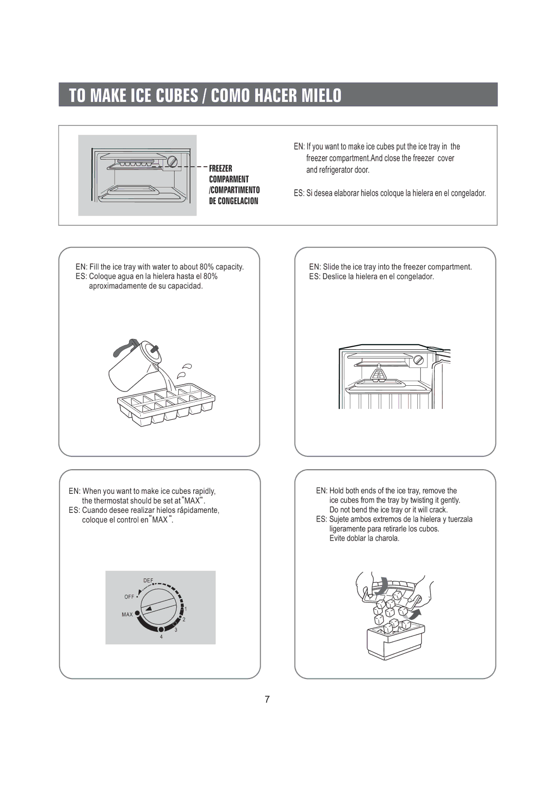 Samsung SG06BCSWHL/ABW manual To Make ICE Cubes / Como Hacer Mielo, Freezer Comparment /COMPARTIMENTO DE Congelacion 