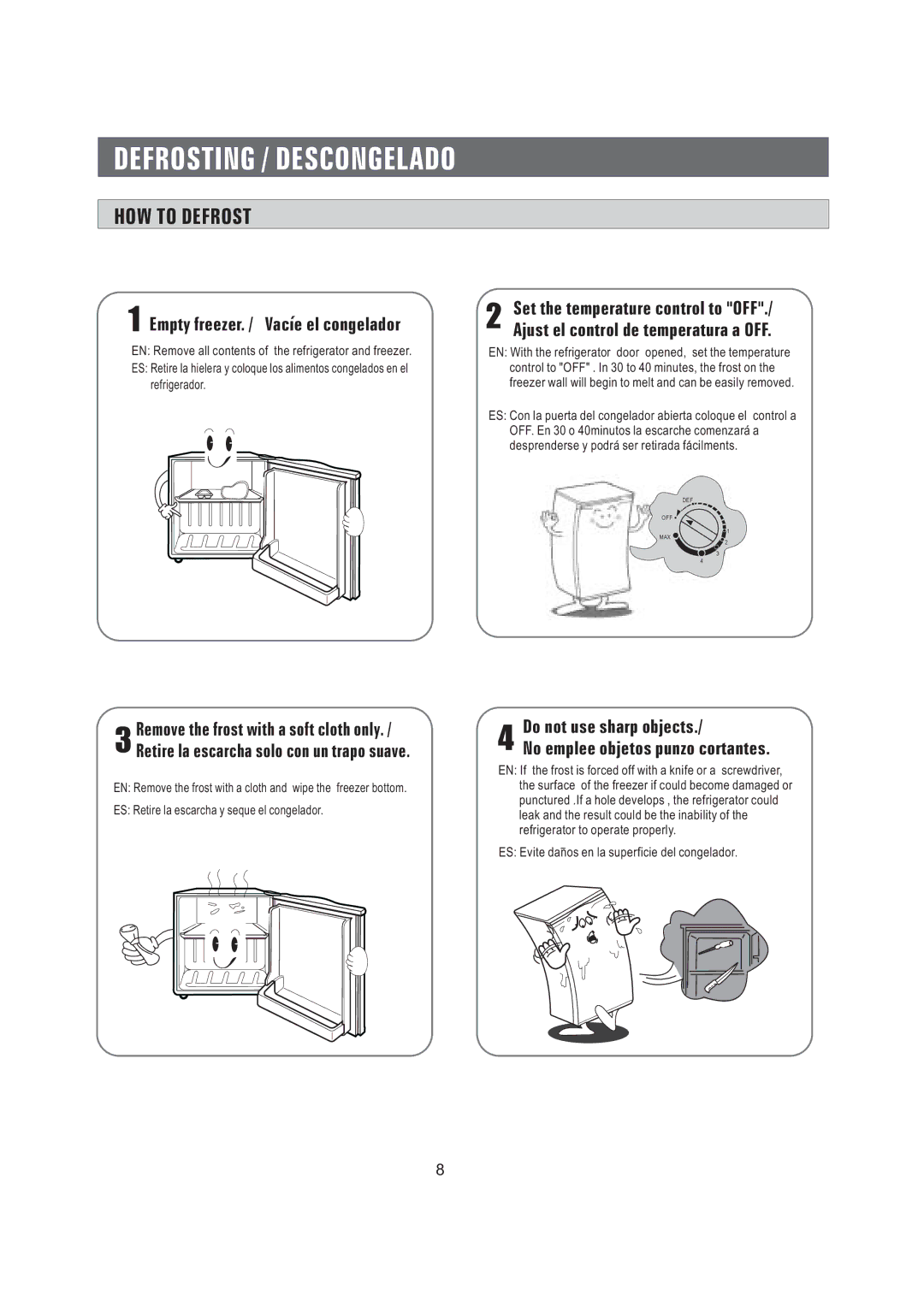 Samsung SG06BCSWHL/ABW manual Defrosting / Descongelado, HOW to Defrost, Empty freezer. / Vacie el congelador 