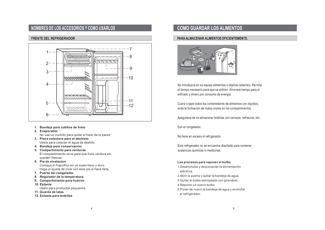 Samsung SG12BCSWHL/CCB manual Como Guardar LOS Alimentos, Bandeja para cubitos de hielo Evaporador, Pie de nivelacion 