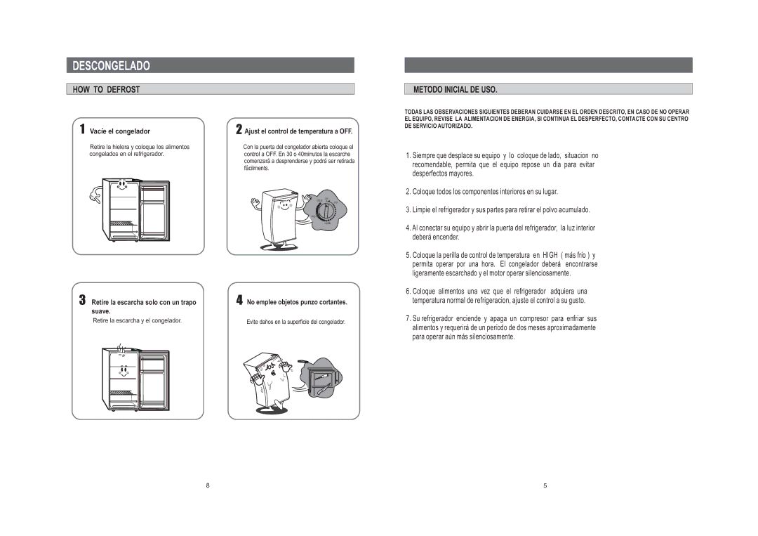 Samsung SG12BCSWHL/ABW, SG12BCSWQN/JMP manual Descongelado, HOW to Defrost Metodo Inicial DE USO, Vacie el congelador, Suave 