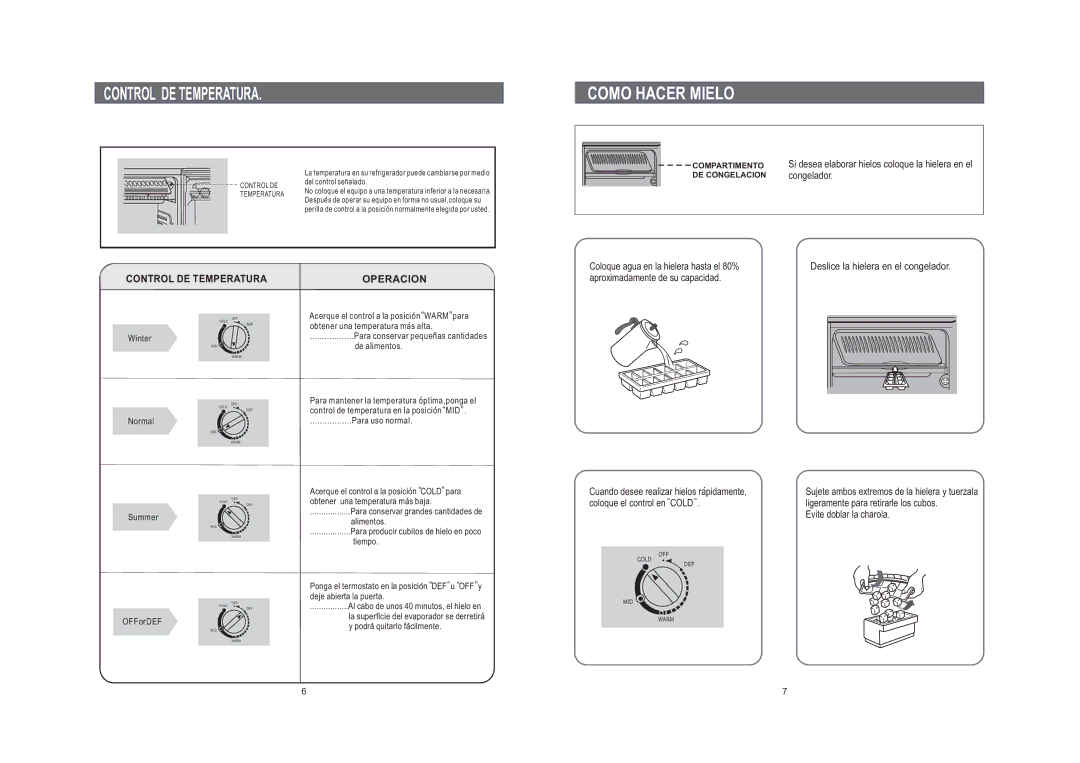 Samsung SG12BCSWQN/JMP Operacion, Control DE Temperatura, Congelador, Si desea elaborar hielos coloque la hielera en el 