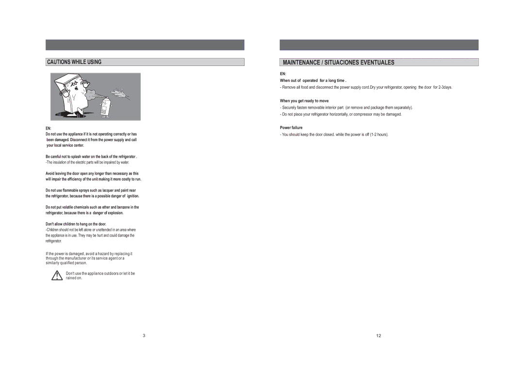 Samsung SG12BCSWQN/JMP manual Maintenance / Situaciones Eventuales, When out of operated for a long time, Power failure 