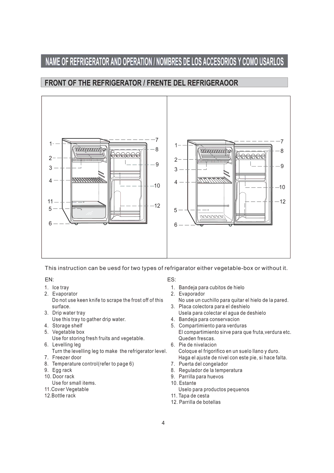 Samsung SG12BCPWQN/DOR, SG12BCSWQL/SUT, SG12BCSWHL/ABW, SG06BCSWHL/ABW Front of the Refrigerator / Frente DEL Refrigeraoor 