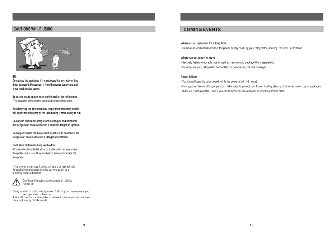 Samsung SG12BCPWQN/DOR Insulation of the electric parts will be impaired by water, Dont allow children to hang on the door 