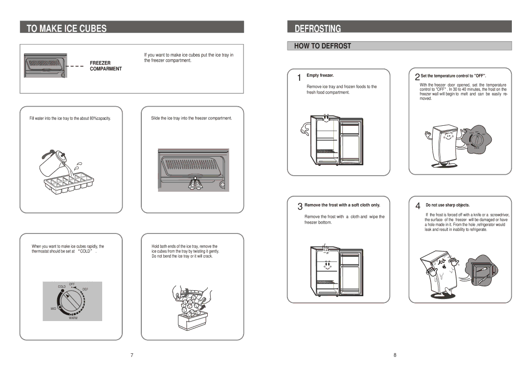 Samsung SG12BCSWHL/CCB, SG12BCSWQN/CAF, SG12BCSWQL/SUT, SG12BCSWHL/ABW manual To Make ICE Cubes, Defrosting, HOW to Defrost 