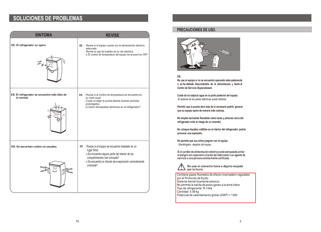 Samsung SG15DCGWQN/XES Soluciones DE Problemas, Sintoma Revise, No use el equipo si no se encuentra operando adecuadamente 