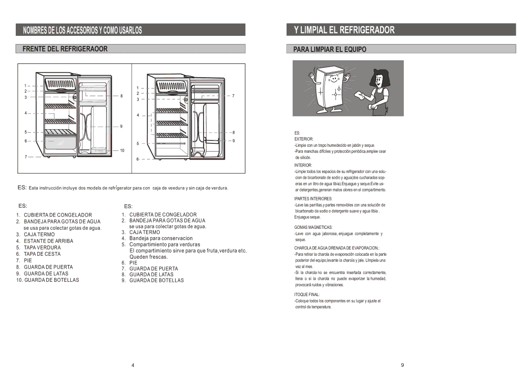 Samsung SG15CCGWHL/AFK manual Nombres DE LOS Accesorios Y Como Usarlos, Limpial EL Refrigerador, Frente DEL Refrigeraoor 